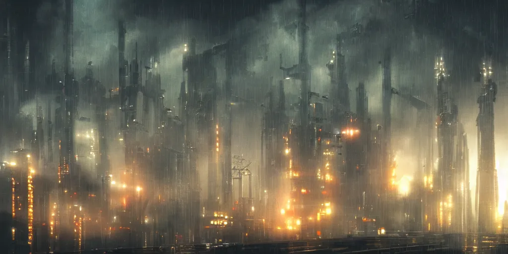 Image similar to futuristic science-fiction landscape of the world of machines, huge mechanical towers buildings and bridges, under a dark cloudy sky, in the style of Blade Runner