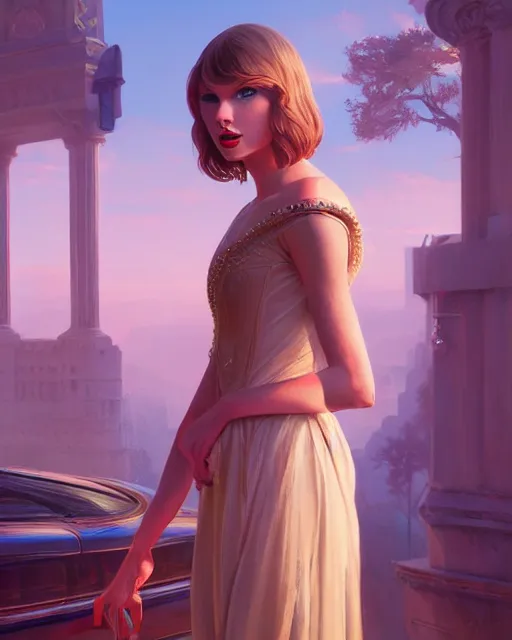 Image similar to portrait of taylor swift as an elegant renaissance goddess, in gta v, stephen bliss, unreal engine, by greg rutkowski, loish, rhads, makoto shinkai and lois van baarle, ilya kuvshinov, rossdraws, global illumination, radiant light, detailed and intricate environment, pastel