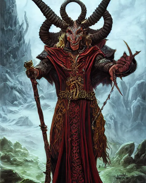 Image similar to detailed portrait of a male horned Tiefling as a powerful dungeons and dragons warlock, wearing dark robe, intricate, hyper detailed, lovecraftian, realistic, oil painting, by jeff easley, boris vallejo, cinematic lighting