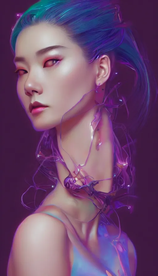 Prompt: neon, academic female pose from artstation, most beautiful asian face, fibonacci, sweat drops, insane, pinup, intricate, highly detailed, digital painting, artstation, concept art, smooth, sharp focus, illustration, Unreal Engine 5, 8K, art by artgerm and greg rutkowski and alphonse mucha