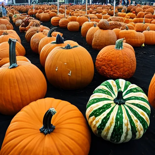 Image similar to award winning pumpkins, photography, ag fair, symmetrical, huge