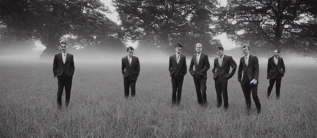 Prompt: 1 3 mm film photograph of a group of tall suited men in a field, liminal, dark, thunderstorm lightning, dark, flash on, blurry, grainy, unsettling