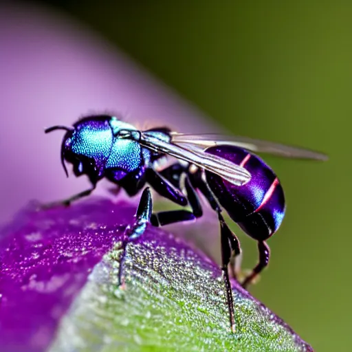 Prompt: macro photo of a purple metallic wasp, canon 8 0 d, canon 1 0 0 mm f / 2. 8, iso 2 0 0