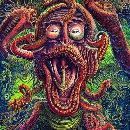 Image similar to a hyper - detailed high painting of giant heads joined by snakes, the heads are open they have spiked scales and sharp teeth, the mouth is open and monstrous beings of all kinds run and scream, psychedelic horror surreal art cosmic horror weird bizarre art