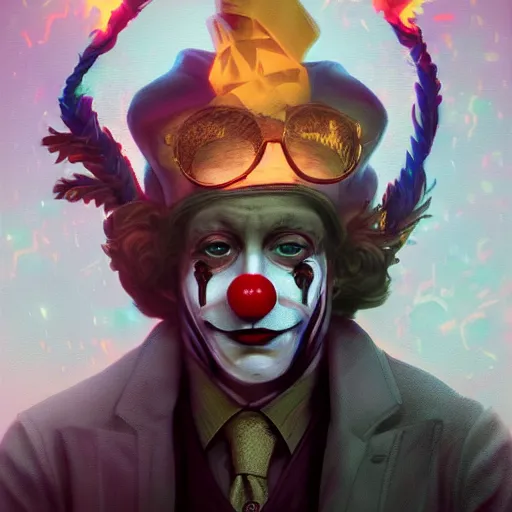 Image similar to epic portrait a clown masked man in a suit burning stack of cash, glowing, steam digital painting, artstation, concept art, soft light, hdri, smooth, sharp focus, illustration, fantasy, intricate, elegant, highly detailed, D&D, matte painting, in the style of Greg Rutkowski and Alphonse Mucha and artemisia, 8k, highly detailed, jurgens, rutkowski, bouguereau, pastoral, rustic, georgic