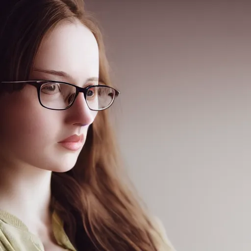Prompt: portrait of girl, light brown hair, glasses, photorealistic imagery, soft light