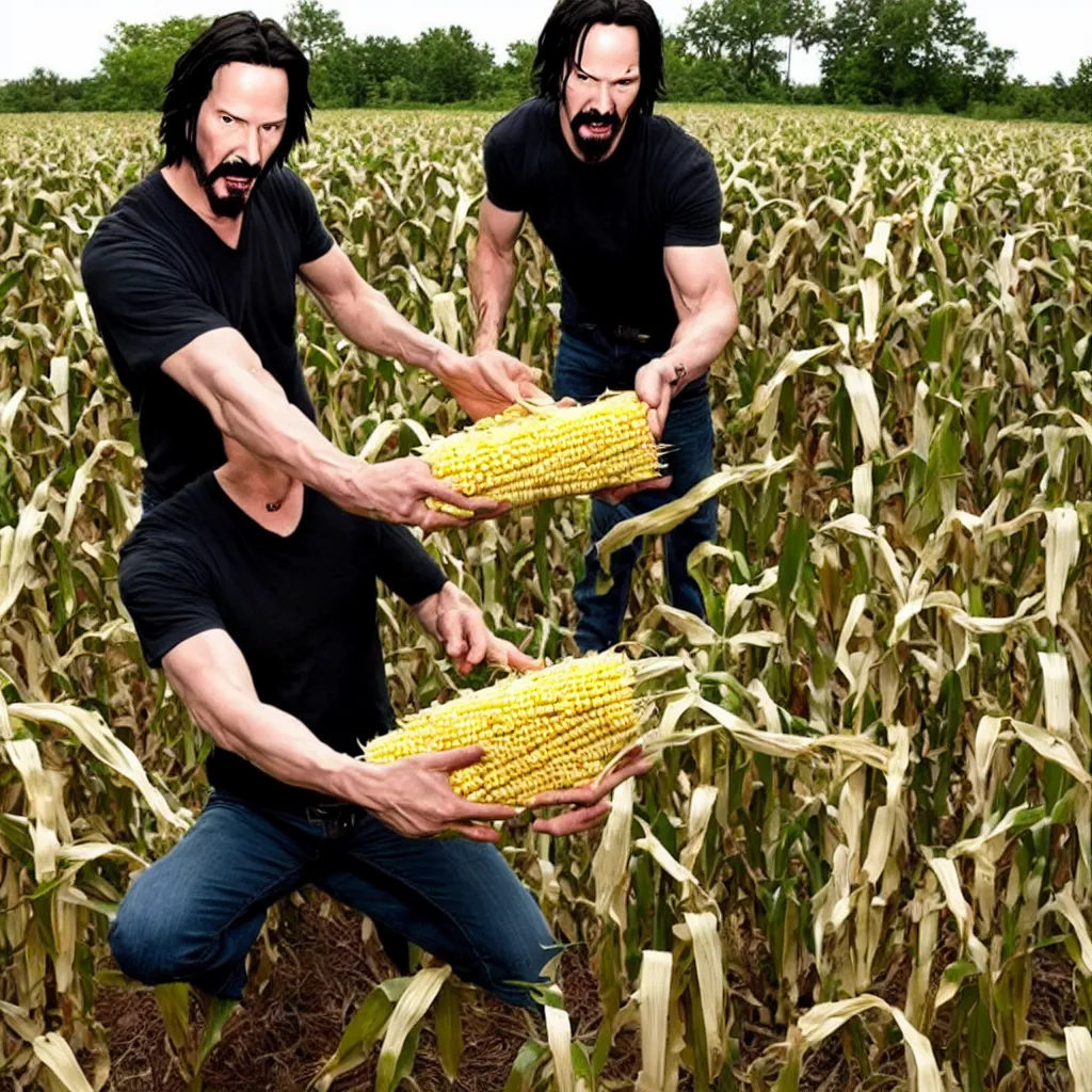Prompt: scariest image ever seen. disturbing horrifying. keanu reeves harvesting corn