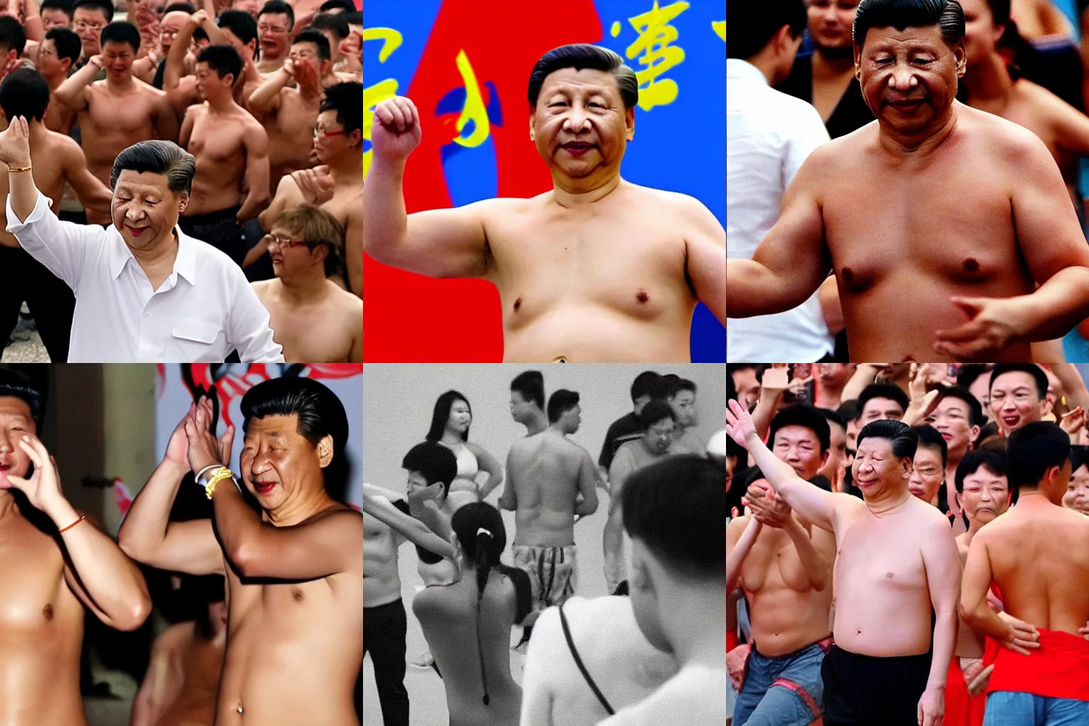 Prompt: xi jinping shirtless sweating dancing to gabber music