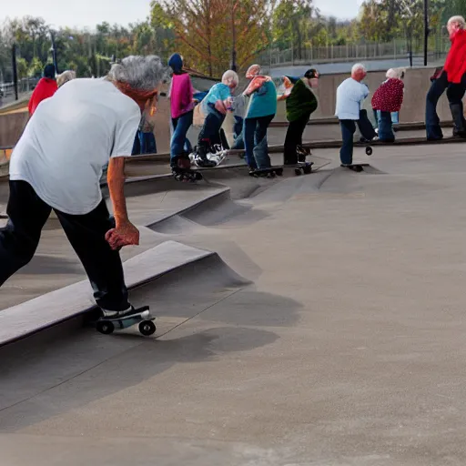 Prompt: senior citizens grinding rails at a skate park