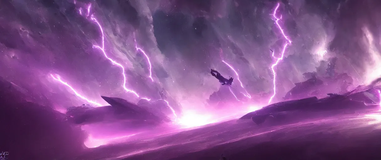 Image similar to purple lightning in space, stars, nebula, matte painting, futuristic, sci fi, style of tim barton digital painting, trending on artstation, high detail, volumetric lighting, godrays