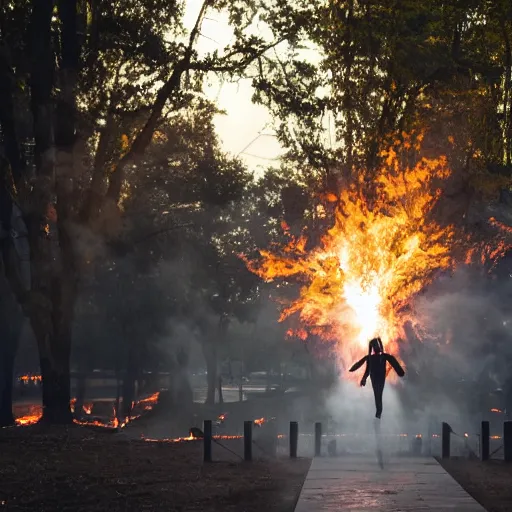 Prompt: photograph photo of a horrific, bright, shining holy angel descending upon a city park. the park is on fire. the crowd of people is on fire, screaming.