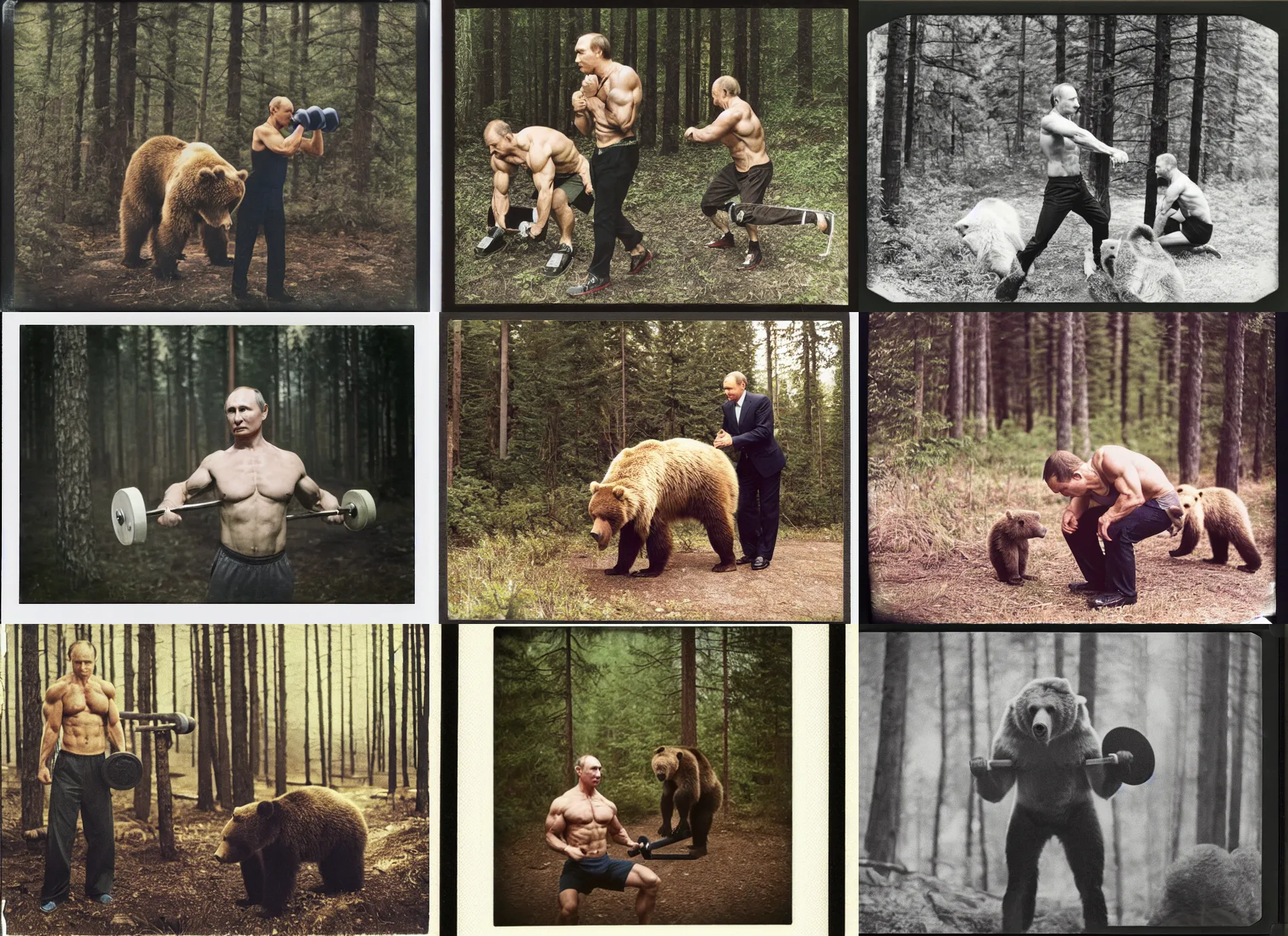 Prompt: medium shot, vladimir putin pumping iron with grizzly bear, in woods, polaroid photo, vintage, neutral colors, by gregory crewdson