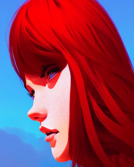 Image similar to a detailed portrait of a beautiful woman with red hair and freckles by ilya kuvshinov, digital art, dramatic lighting, dramatic angle