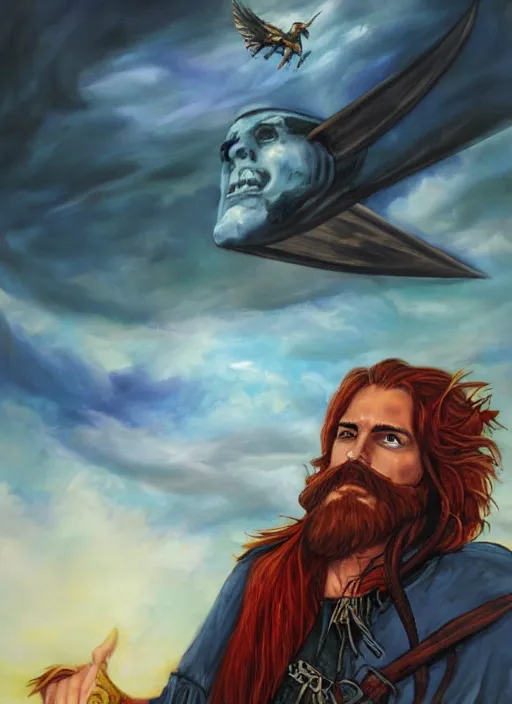 Prompt: an epic fantasy comic book style portrait painting of a long haired, red headed male sky - pirate in front of an airship in the style of the farseer series