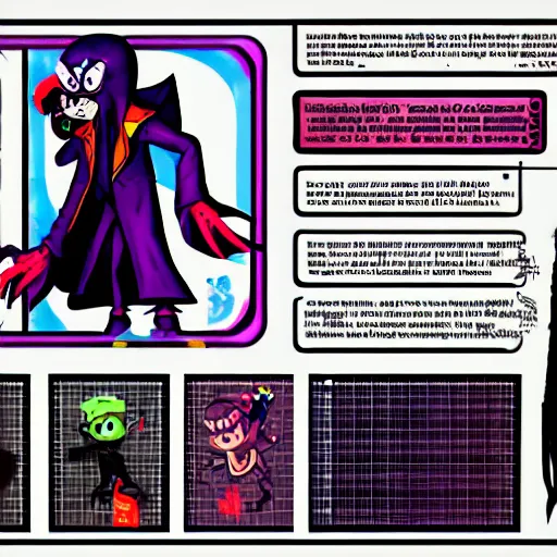 Image similar to character sheets for a new sinister shadowy vampire squid character, artwork in the style of splatoon from nintendo, art by tim schafer from double fine studios, edgy original character color palette from the early two thousands, black light, neon, spray paint, punk outfit, tall thin frame, adult character, fully clothed, vampire, colorful, pop art, official art
