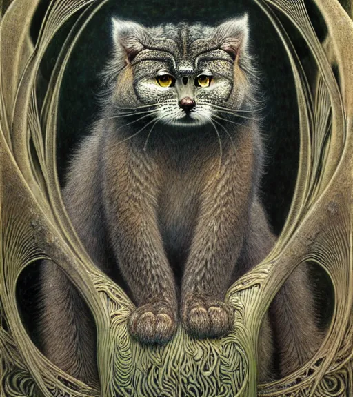 Image similar to detailed realistic beautiful manul portrait by jean delville, gustave dore, iris van herpen and marco mazzoni, art forms of nature by ernst haeckel, art nouveau, symbolist, visionary, gothic, neo - gothic, pre - raphaelite, fractal lace, intricate alien botanicals, ai biodiversity, surreality, hyperdetailed ultrasharp octane render