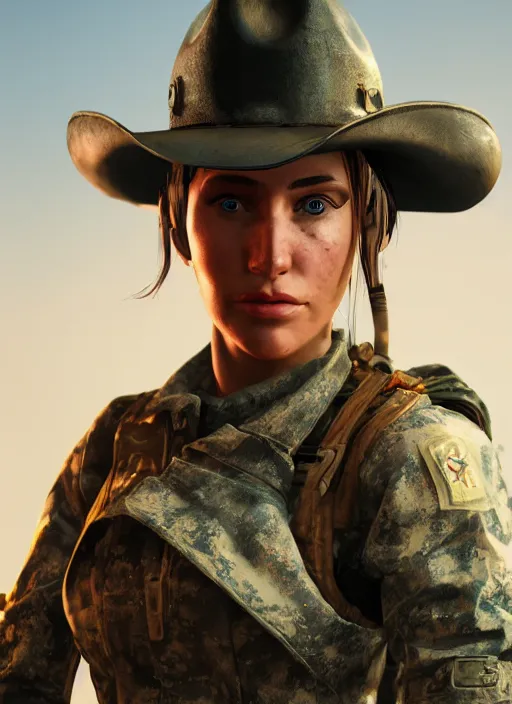 Prompt: A comic book style portrait painting of a female soldier wearing cowboy hat in a post apocalyptic setting, unreal 5, DAZ, hyperrealistic, octane render, RPG portrait, dynamic lighting