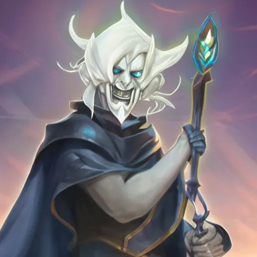 Image similar to Karthus from League of Legends holding a magical staff, laughing, anime art style