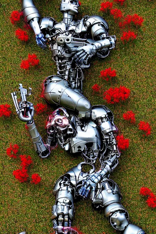 Prompt: destroyed combat terminator lying in a field of flowers, twisted metal, chrome, reflections, earth, terrible, anthropomorphic, cyborg, photorealism, weapons, smoke, metal, armor, camouflage, wires, wild flowers, greenery, chips, red light bulbs, top view, extremely detailed, ultra - realism, cinematic light, epic, art by jeff koons