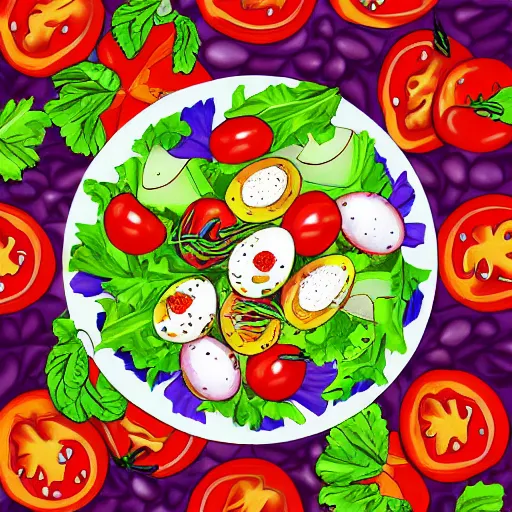 Prompt: acid style vinyl cover, salad with olives, tomatos and boiled eggs, highly detailed, digital painting