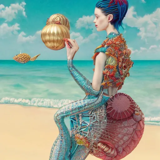 Prompt: pretty model with ocean and shell : : by martine johanna and simon stalenhag and chie yoshii and casey weldon and wlop : : ornate, dynamic, particulate, rich colors, intricate, elegant, highly detailed, vogue, harper's bazaar art, fashion magazine, smooth, sharp focus, 8 k, octane render