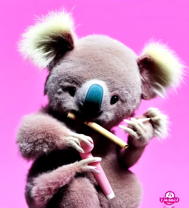 Image similar to high quality 3 d render hyperrealistic very cute small pink koala smoking weed joint, rising smoke, plush mascot, short spiky dense fluffy smooth hair, photo from the side, pink fluffy fur, 1 5 0 mm, beautiful natural soft light, rim light, vray, smooth background, artstation, ultra detailed