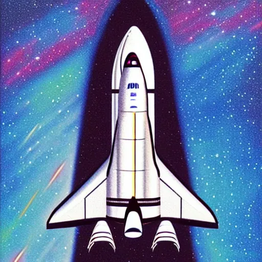 Image similar to airbrush illustration for omni magazine of the space shuttle, sliver blue and pink colors, illustration, airbrush, magazine cover, vivid, retro, grainy, masterpiece, glow, paper texture