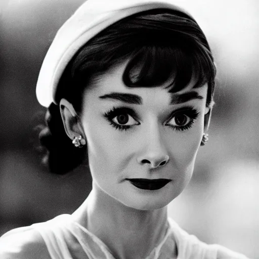 Image similar to photo of Audrey Hepburn by Diane Arbus, extreme closeup, black and white, high contrast, Rolleiflex, 55mm f/4 lens