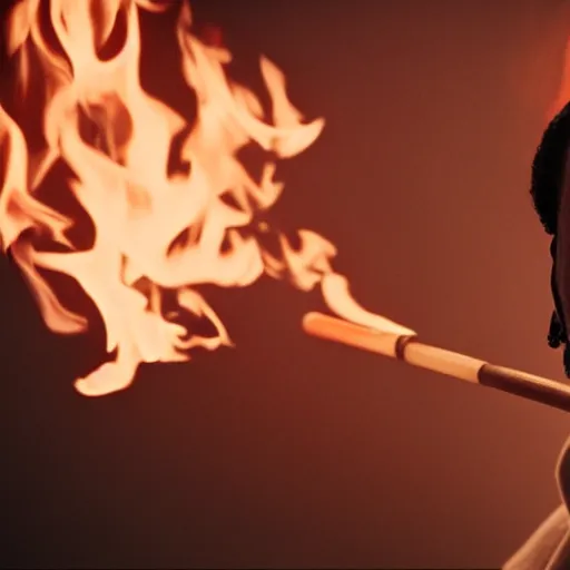 Image similar to cinematic film still of Snoop Dogg starring as a Samurai holding fire, Japanese CGI, VFX, 2022, 40mm lens, shallow depth of field, film photography