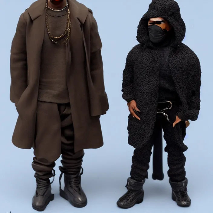 Prompt: a hot toys figure of kanye west using a black face - covering mask made of cloth with small holes, a blue puff undersized round jacket, a black shirt underneath and black rubber boots, figurine, detailed product photo