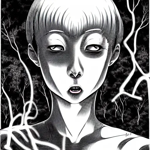Image similar to in the style of junji ito, artgerm, shinsui ito, transparent ghost screaming, in the woods, moody lighting