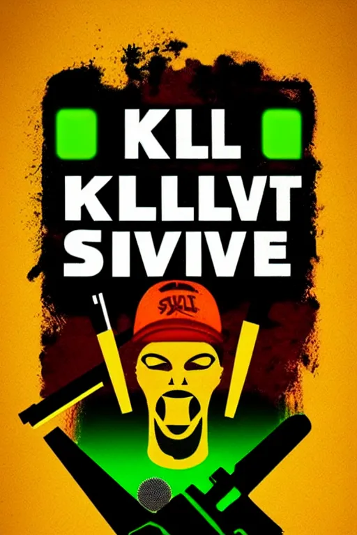 Image similar to kill to survive, shoot to kill logo. pop art, no duplicate image, glowing lights, highly detailed, digital painting, artstation, concept art, smooth, sharp focus, illustration, art by richard hamilton and mimmo rottela