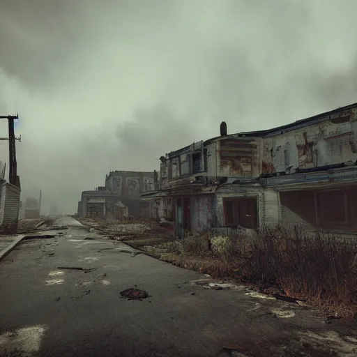 Prompt: wide angle shot of dilapidated fallout 5 in real life, desolate dilapidated town, empty streets, nightmarish, some rusted retro futuristic fallout 4 style parked cars, overcast, blankets of fog pockets, rain, volumetric lighting, beautiful, daytime, autumn, sharp focus, ultra detailed, cgsociety