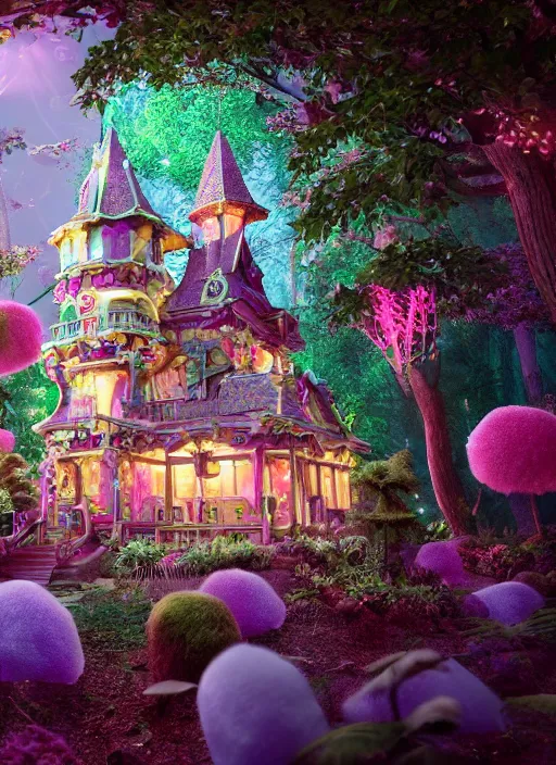 Image similar to Magical enchanted mansion on a candy biome full of oddities made by genshin impact, cotton candy trees, cinematic shot, intricate, ornate, photorealistic, ultra detailed, realistic, 100mm, photography, octane, high definition, depth of field, bokeh, 8k, artstation