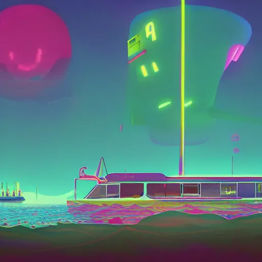 Image similar to psychedelic yacht club by simon stalenhag