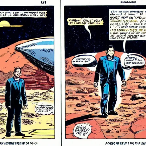 Prompt: elon musk on mars, vintage comic