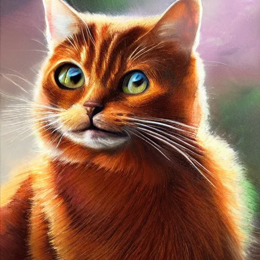 Image similar to a realistic painting of a brown cat on a car highly detailed trending on art station