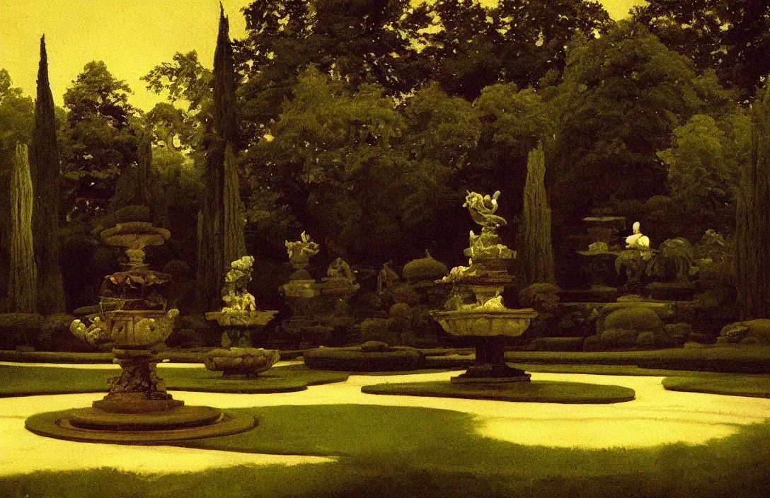 Image similar to virtuoso painting royal garden design by andre le notre intact flawless ambrotype from 4 k criterion collection remastered cinematography gory horror film, ominous lighting, evil theme wow photo realistic postprocessing divisionism painting by claude gellee