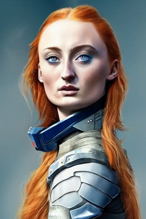 Image similar to Sophie Turner as a Space commander, detailed face