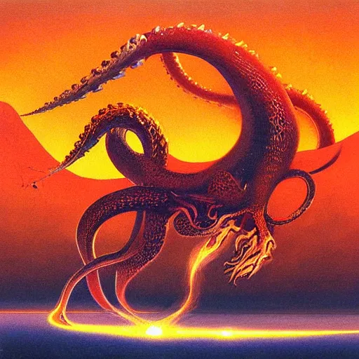 Prompt: squid dragon, fire, psychedelic by zdzisław beksiński