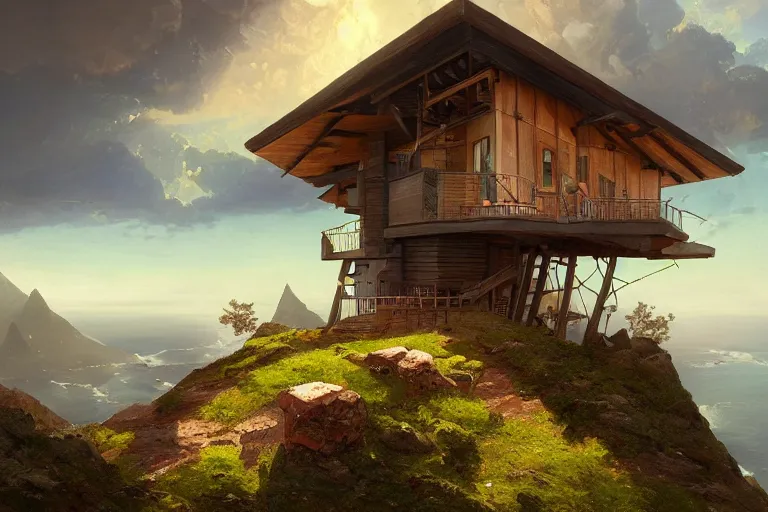 Prompt: lovely a - frame home sits atop a broad cliff, overlooking the entirety of the blue sky, digital painting by greg rutkowski and gaston bussiere, zbrush, cgsociety contest winner, comprehensive art, intricate, landscape photography, brightly radiant atmosphere, overcast sky, homogeneous to hawaii, 4 k, 8 k