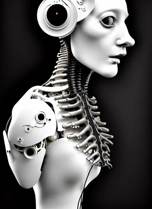 Image similar to black and white dreamy foggy profile face portrait, one steampunk eye biomechanical beautiful young female cyclope - cyborg - robot bust, body ribs meshes,, volumetric light, hibiscus flowers, by hg giger, rim light, by dora maar and cecile beaton, big gothic fashion pearl embroidered collar, 8 k