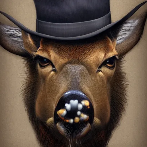 Image similar to a upper body portrait of a deer in a pinstriped suit and pants wearing a fedora with the antlers sticking out of the fedora by artgerm and wlop, intricate detail, digital art, photorealistic, trending on artstation