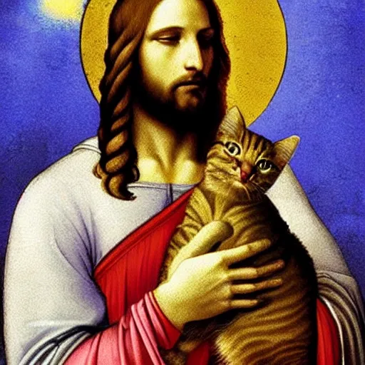 Prompt: portrait of jesus holding a cute cat, digital art, by leonardo da vinci