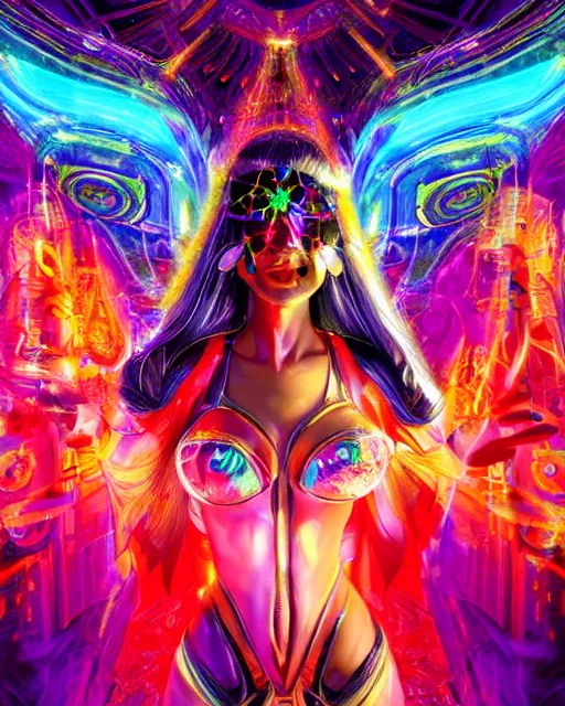 Image similar to a powerful energy psychedelic matrix priestess, by alexander fedosav, hyper detailed digital matte painting, concept art, hyperrealism, 1 6 k resolution, cinema 4 d, 8 k resolution, trending on artstation, behance hd, a masterpiece, by stephan martiniere, particles, cel - shaded, power bright neon energy, by david a. hardy,