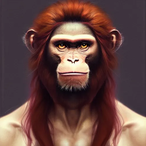 Prompt: portrait of a monkey with a humanoid face, male, handsome, masculine, full body, red hair, long hair, soft hair, fantasy, intricate, elegant, highly detailed, suit, coffee shop, digital painting, artstation, concept art, character art, smooth, sharp focus, illustration, art by artgerm and greg rutkowski and alphonse mucha