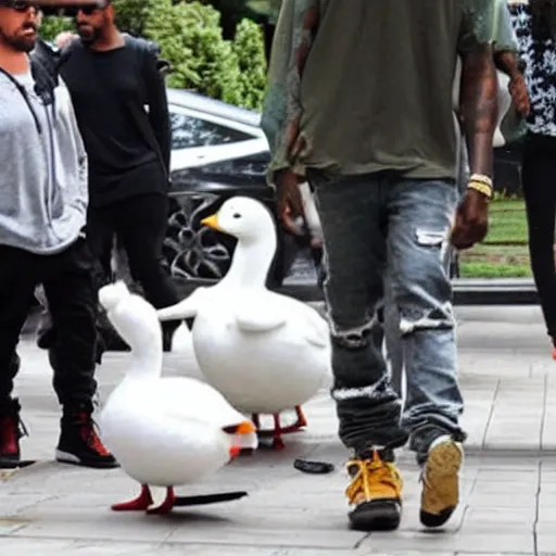 Image similar to a paparazzi photo of kanye west walking next to a giant duck