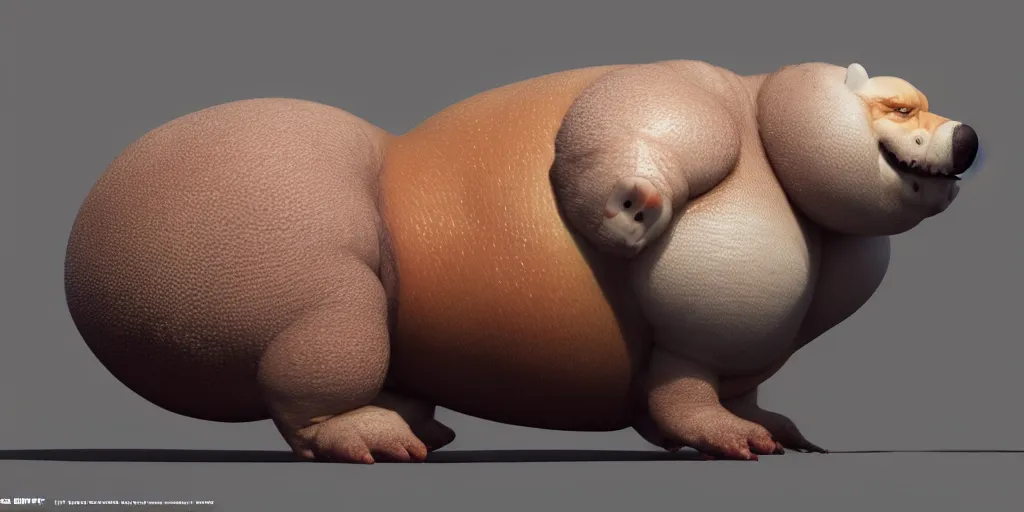 Image similar to a cute fatty animal by neville page, ken barthelmey, carlos huante, sharp focus, trending on artstation, hyper realism, octane render, 8 k, hyper detailed, vivid, ultra detailed, highly detailed, zbrush, concept art, creature design