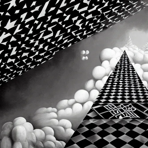 Image similar to A black and white freemasonic chequered surrealist digital painting of a stairway to into the clouds in the art style of jeff koons, Gilbert williams, Edwin Frederic Church and Christopher Balaskas, trending on artstation, 4k UHD