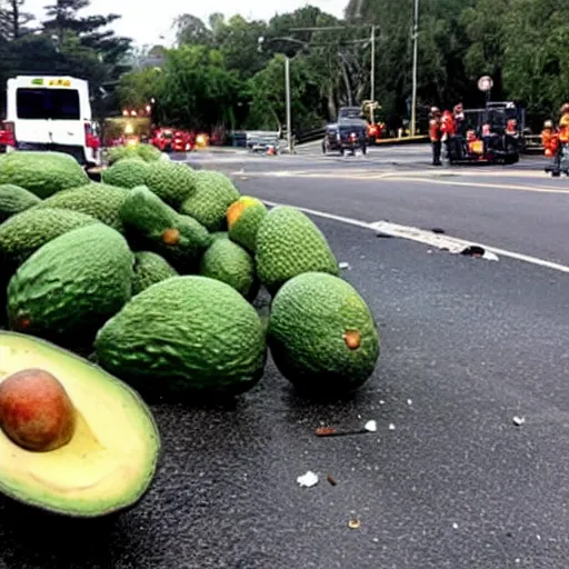 Prompt: photo of an avocado truck accident that overturned and spilled tons of avocados on the road, people walking around and picking up avocados from the road